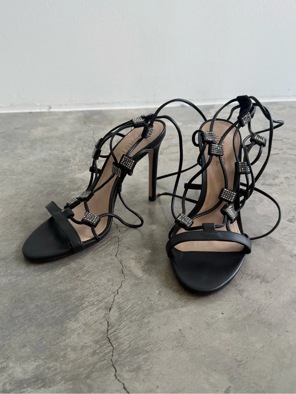 SCHUTZ Black Rhinestone Lace-Up Stiletto Sandals